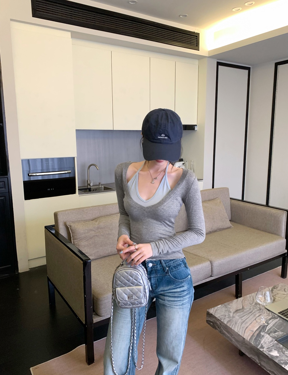 Pseudo-two long sleeve tops spring T-shirt for women