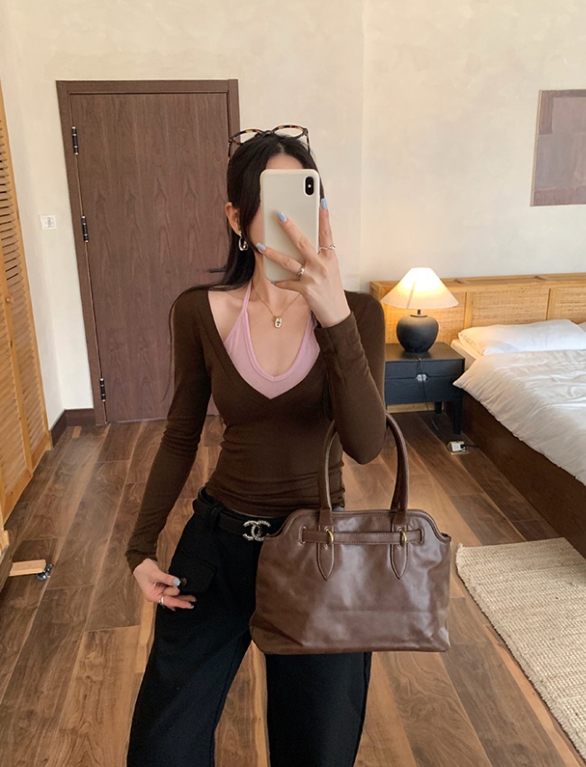 Pseudo-two long sleeve tops spring T-shirt for women