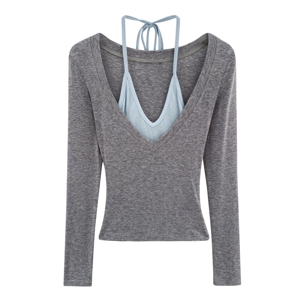 Pseudo-two long sleeve tops spring T-shirt for women