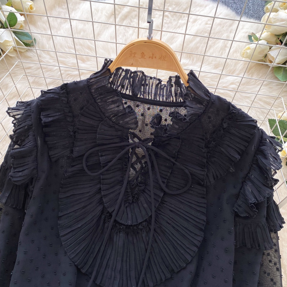 Lotus leaf edges tops bow chiffon shirt for women