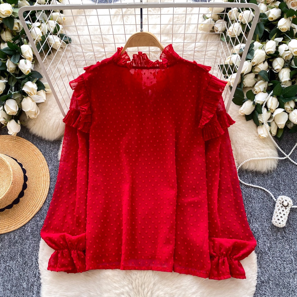 Lotus leaf edges tops bow chiffon shirt for women