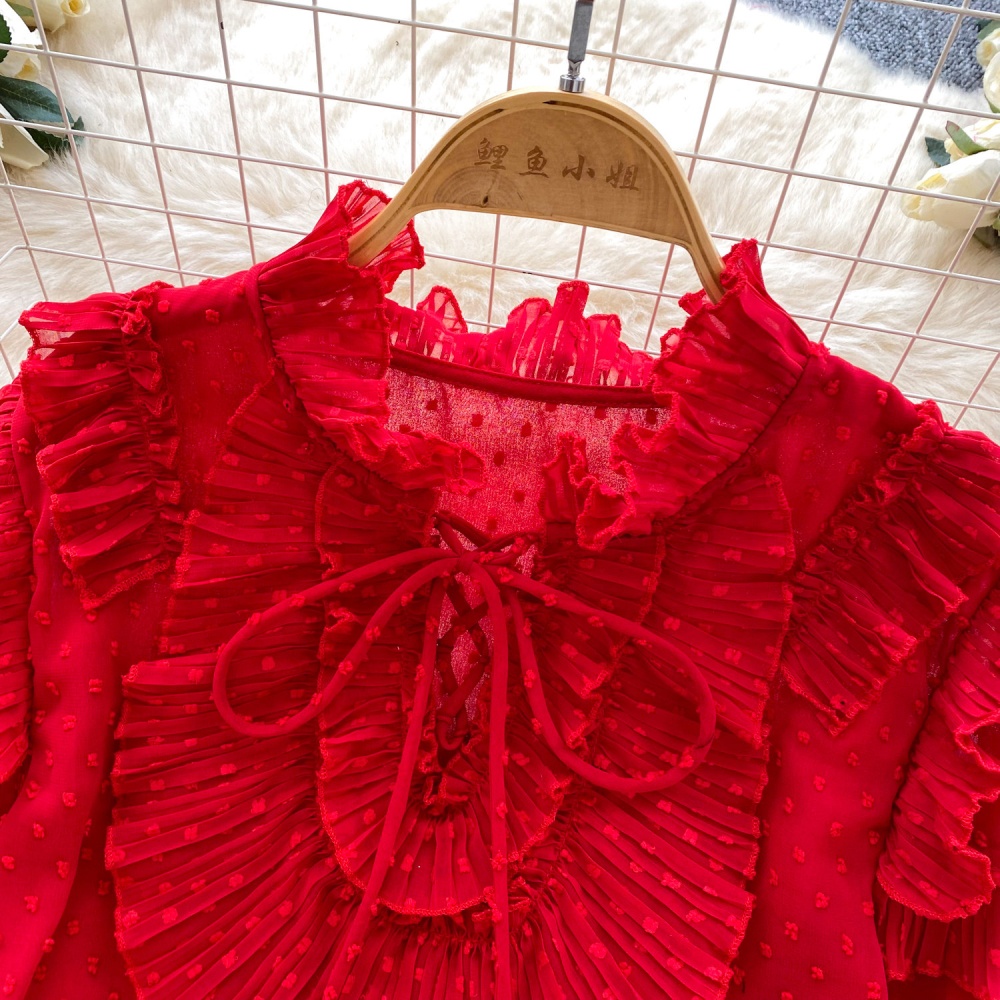 Lotus leaf edges tops bow chiffon shirt for women