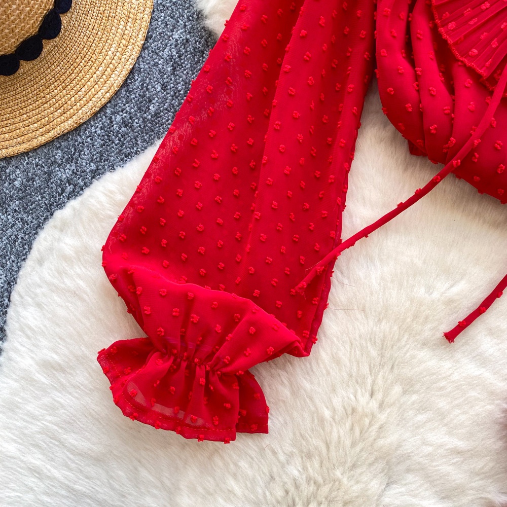 Lotus leaf edges tops bow chiffon shirt for women