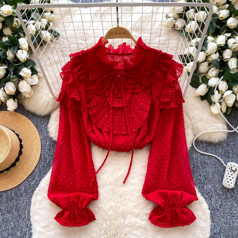 Lotus leaf edges tops bow chiffon shirt for women