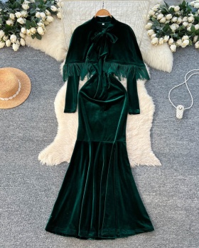 Pinched waist commuting long dress slim bow dress for women