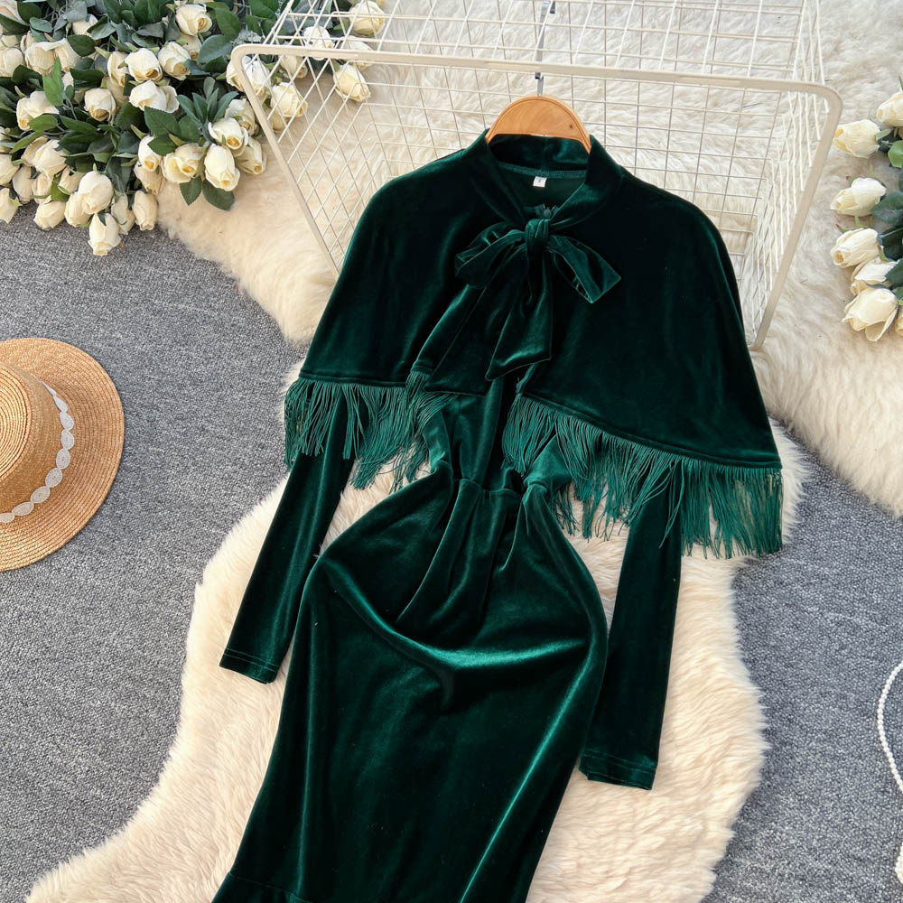 Pinched waist commuting long dress slim bow dress for women