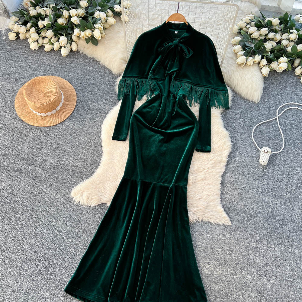 Pinched waist commuting long dress slim bow dress for women