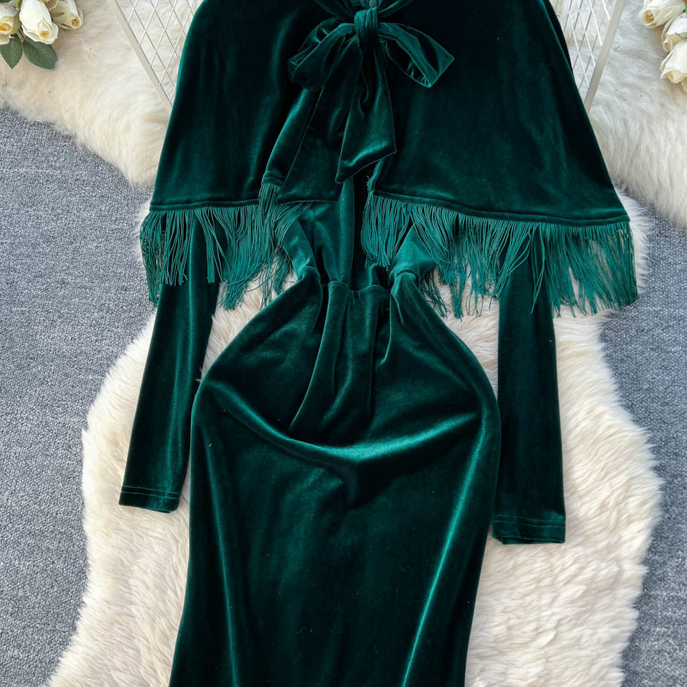 Pinched waist commuting long dress slim bow dress for women