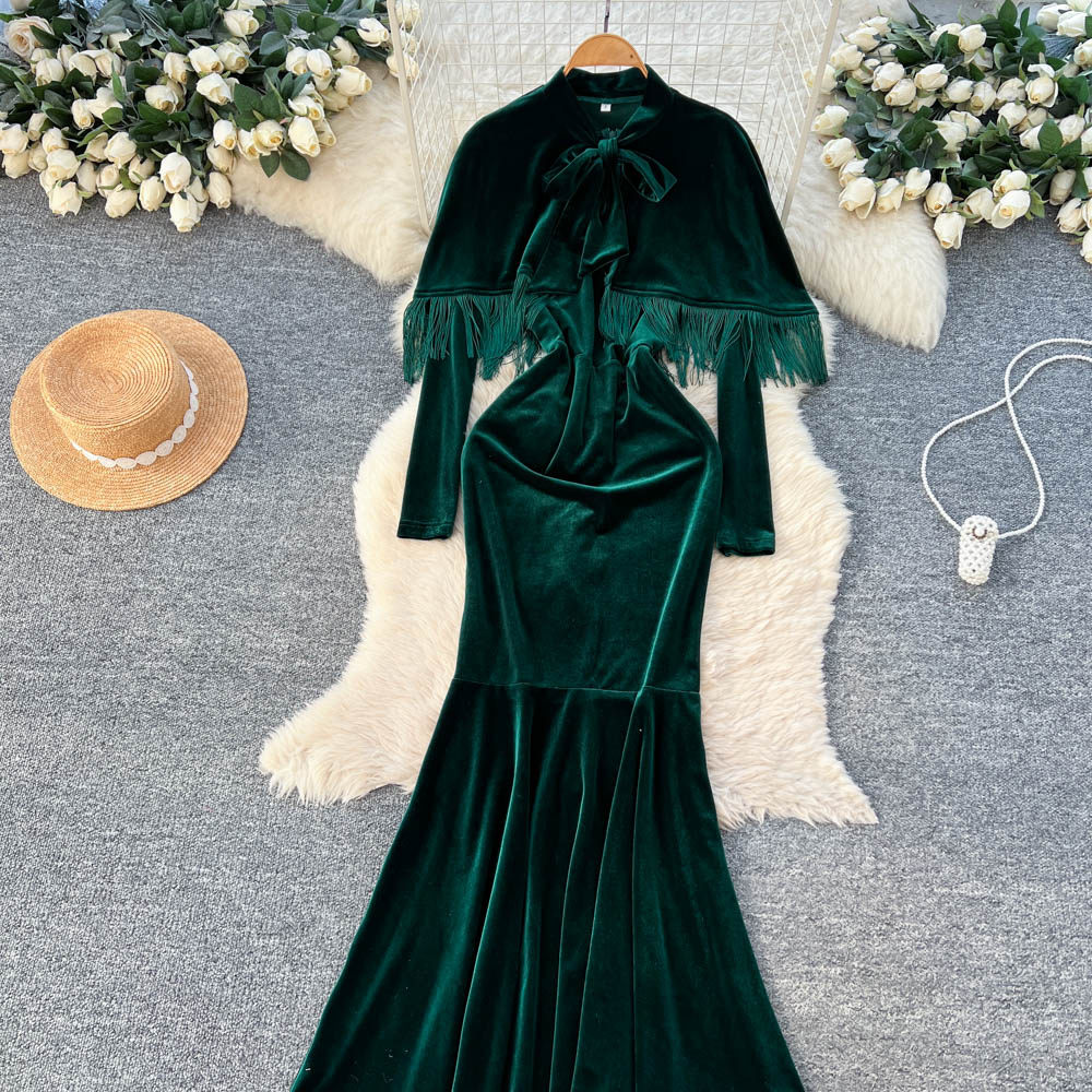 Pinched waist commuting long dress slim bow dress for women