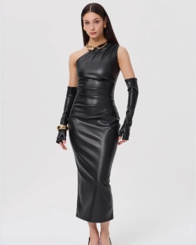 Sexy wrapped chest tight fold leather split dress for women