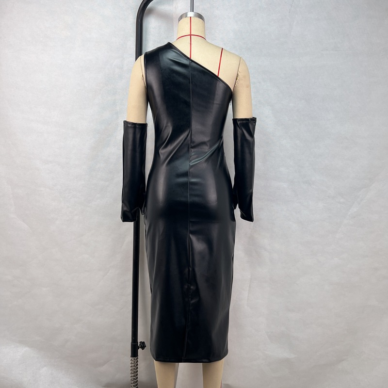 Sexy wrapped chest tight fold leather split dress for women