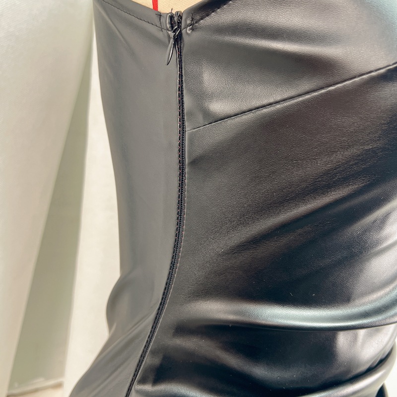 Sexy wrapped chest tight fold leather split dress for women