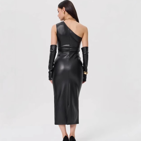 Sexy wrapped chest tight fold leather split dress for women