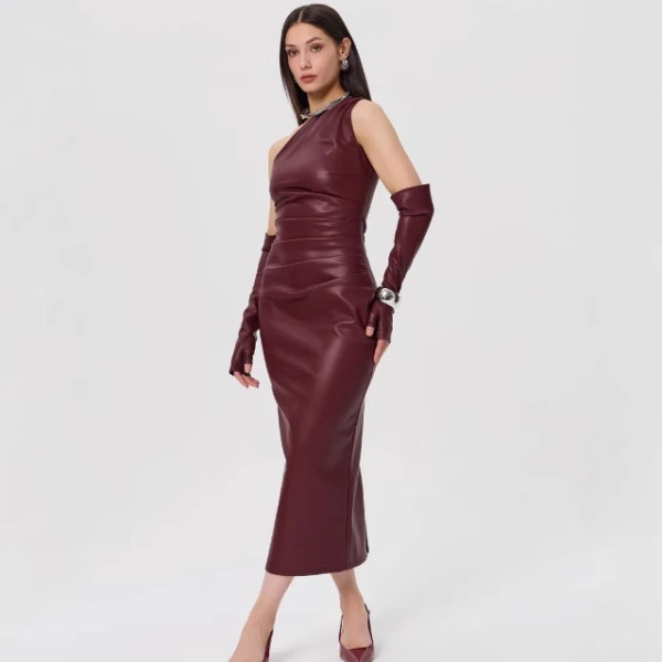 Sexy wrapped chest tight fold leather split dress for women