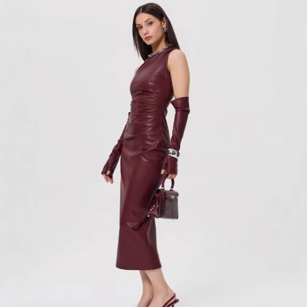 Sexy wrapped chest tight fold leather split dress for women