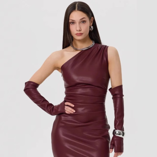 Sexy wrapped chest tight fold leather split dress for women