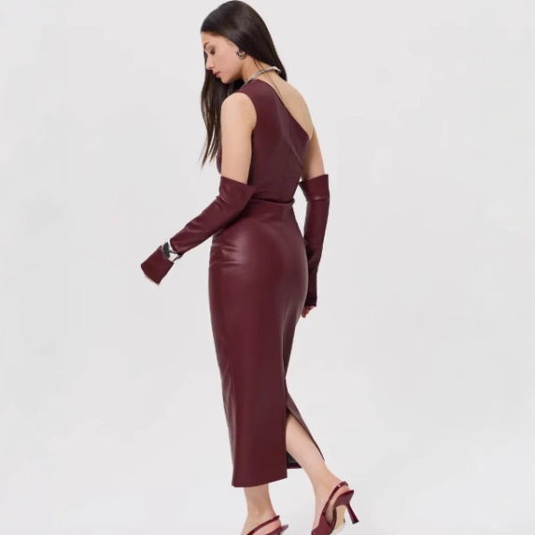 Sexy wrapped chest tight fold leather split dress for women