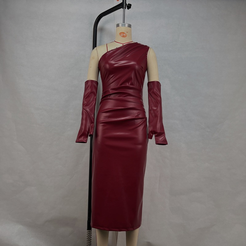 Sexy wrapped chest tight fold leather split dress for women