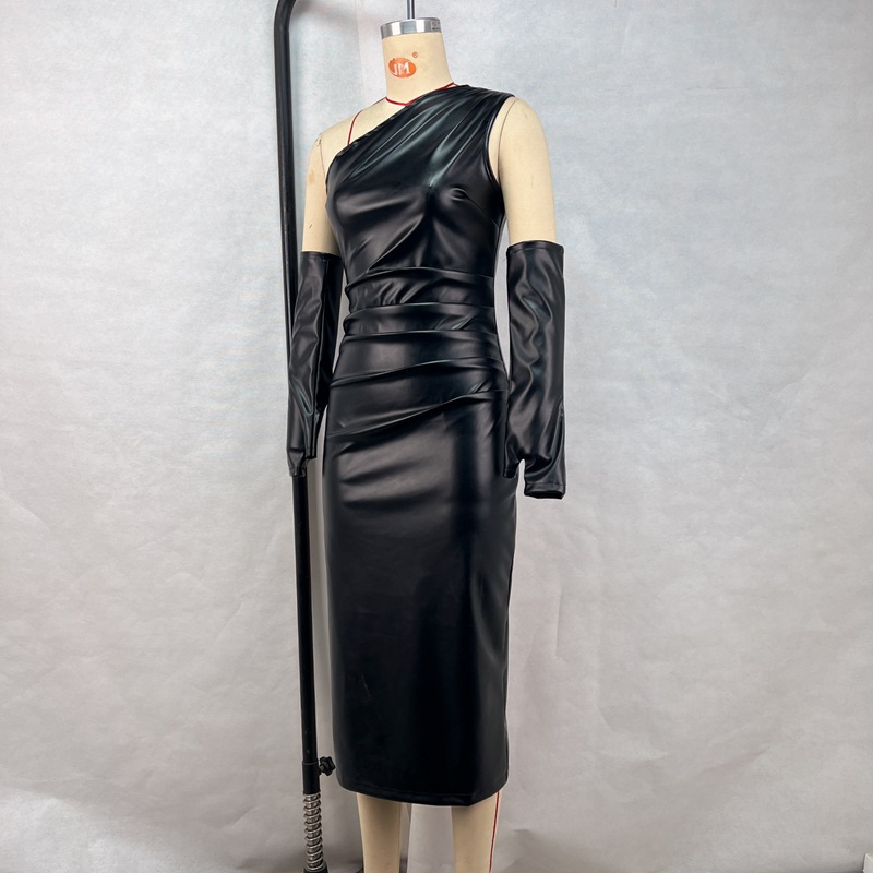 Sexy wrapped chest tight fold leather split dress for women