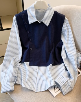 Casual fashion shirt lapel splice tops 2pcs set for women