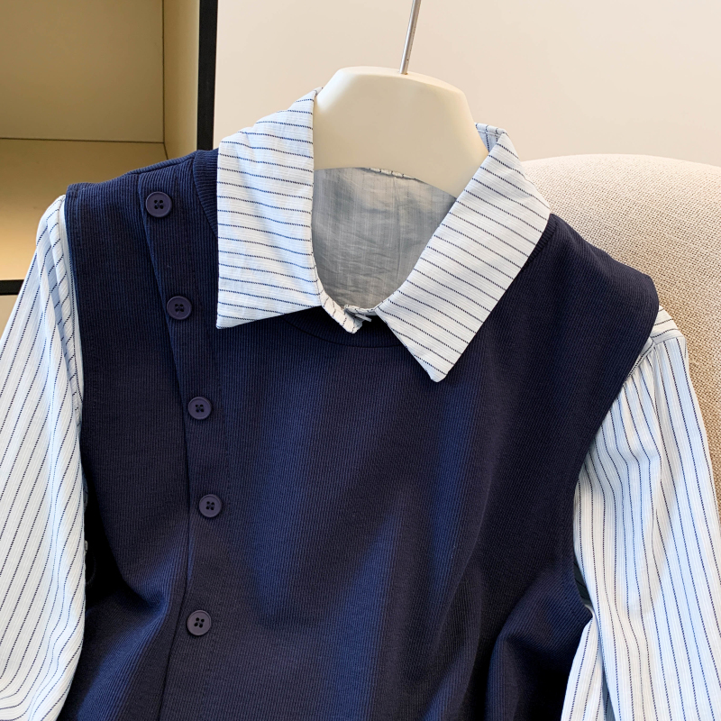 Casual fashion shirt lapel splice tops 2pcs set for women