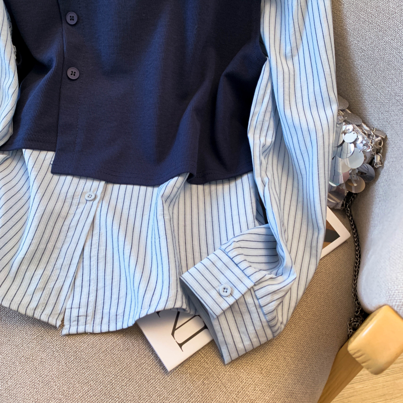 Casual fashion shirt lapel splice tops 2pcs set for women