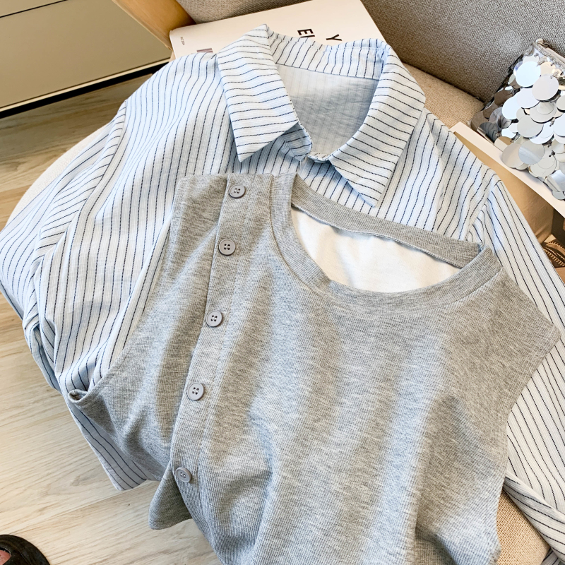 Casual fashion shirt lapel splice tops 2pcs set for women