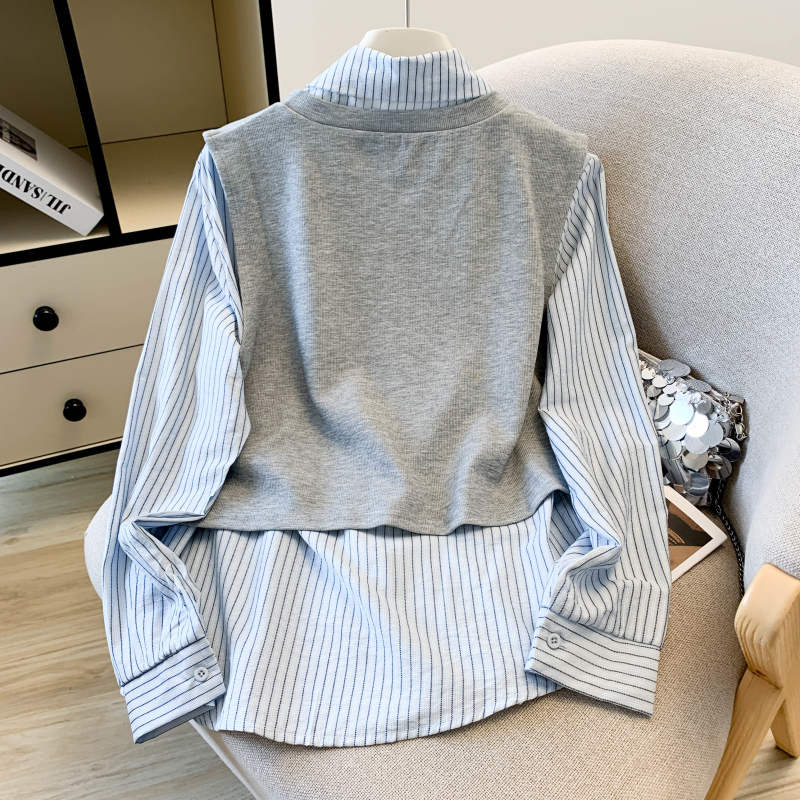 Casual fashion shirt lapel splice tops 2pcs set for women