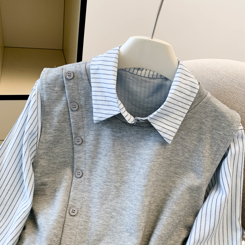 Casual fashion shirt lapel splice tops 2pcs set for women