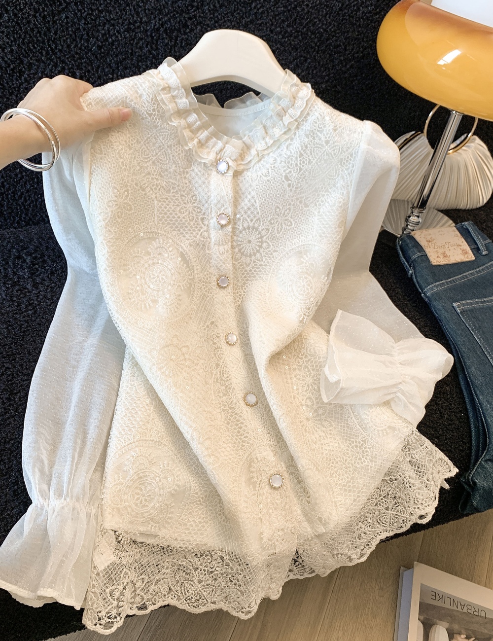 Spring light luxury lace France style shirt for women