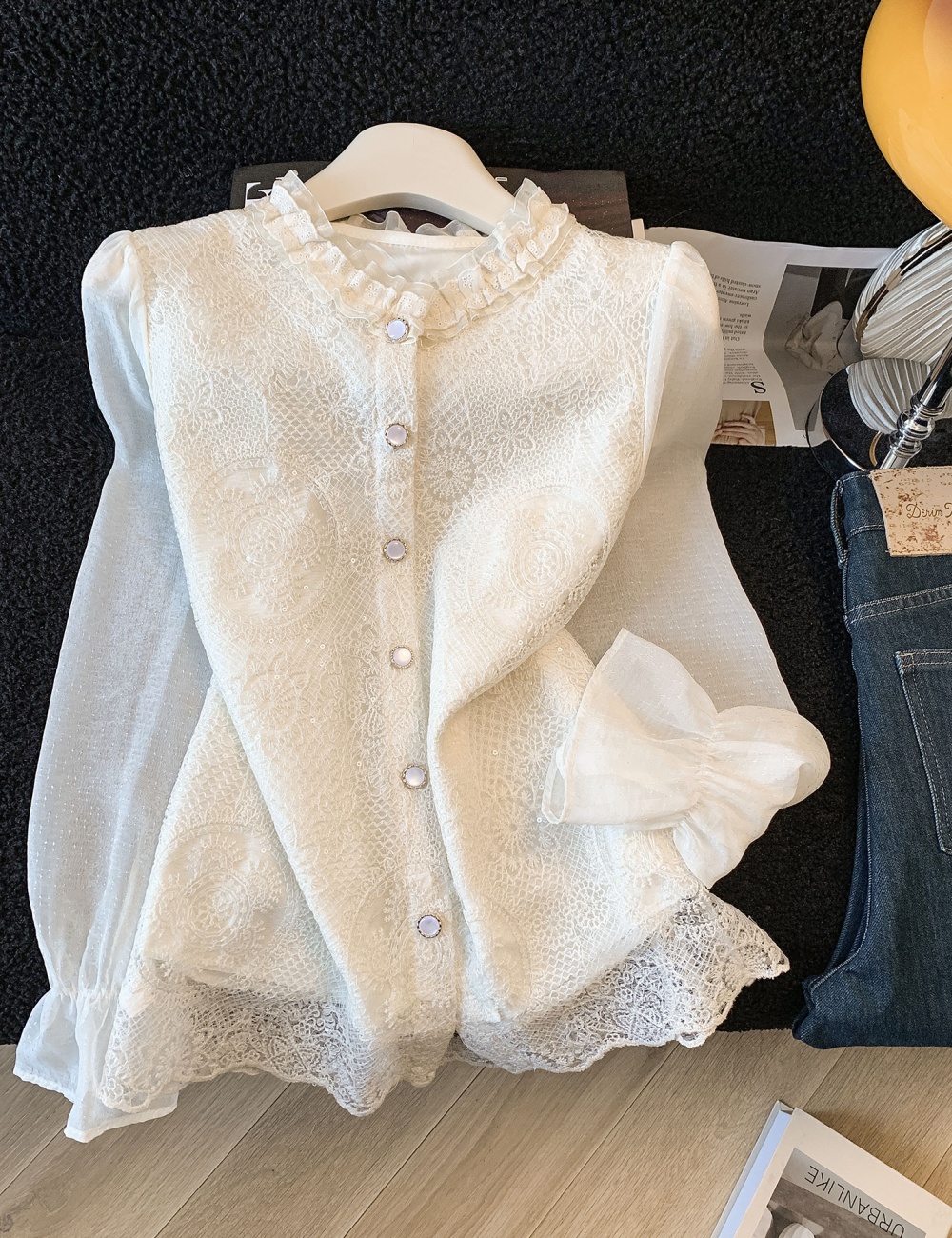 Spring light luxury lace France style shirt for women