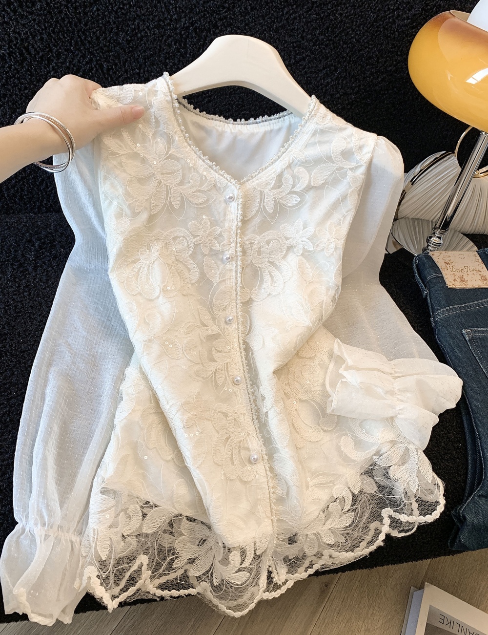 Spring temperament tops lace long sleeve shirt for women