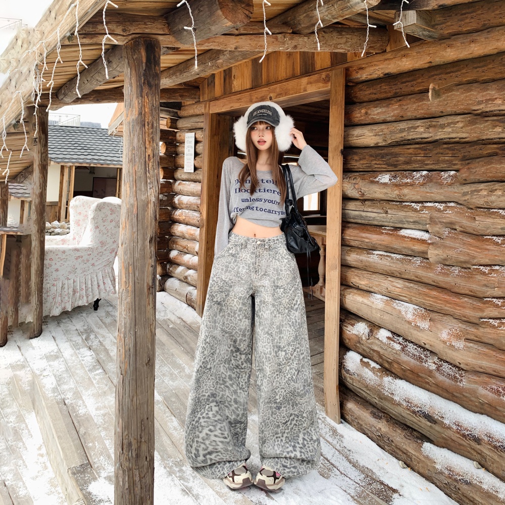 Leopard denim pants high waist long pants for women