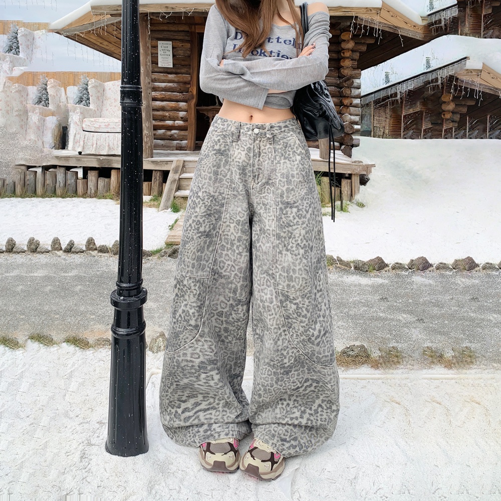 Leopard denim pants high waist long pants for women