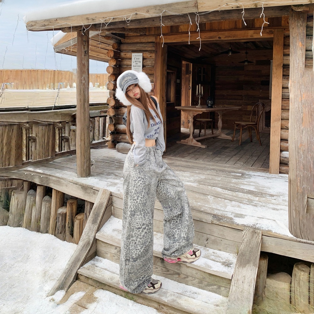 Leopard denim pants high waist long pants for women