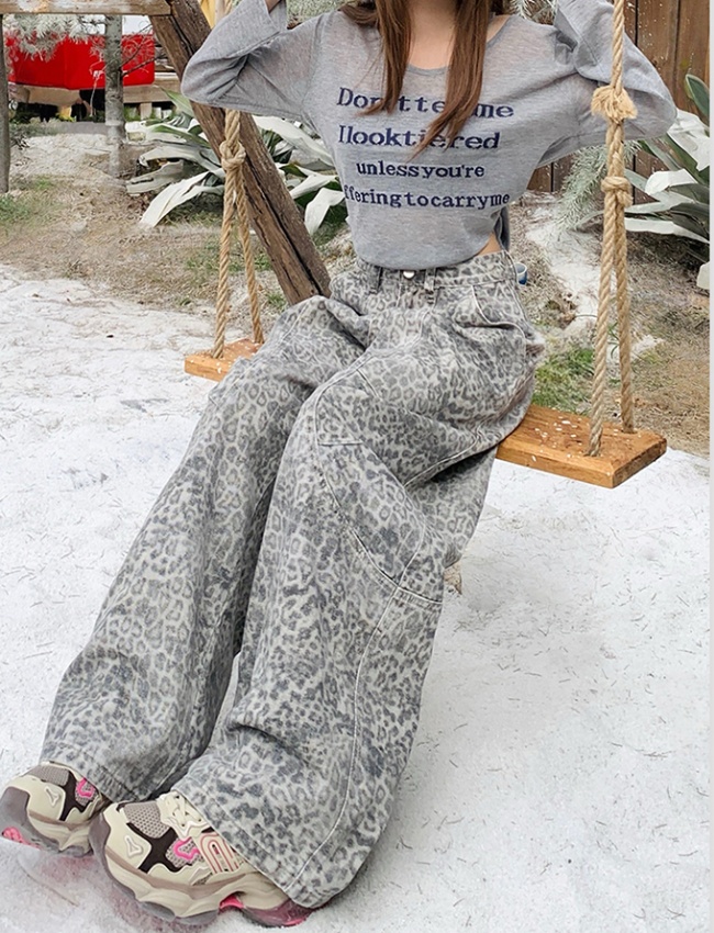 Leopard denim pants high waist long pants for women