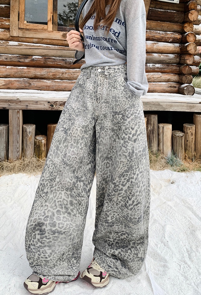 Leopard denim pants high waist long pants for women