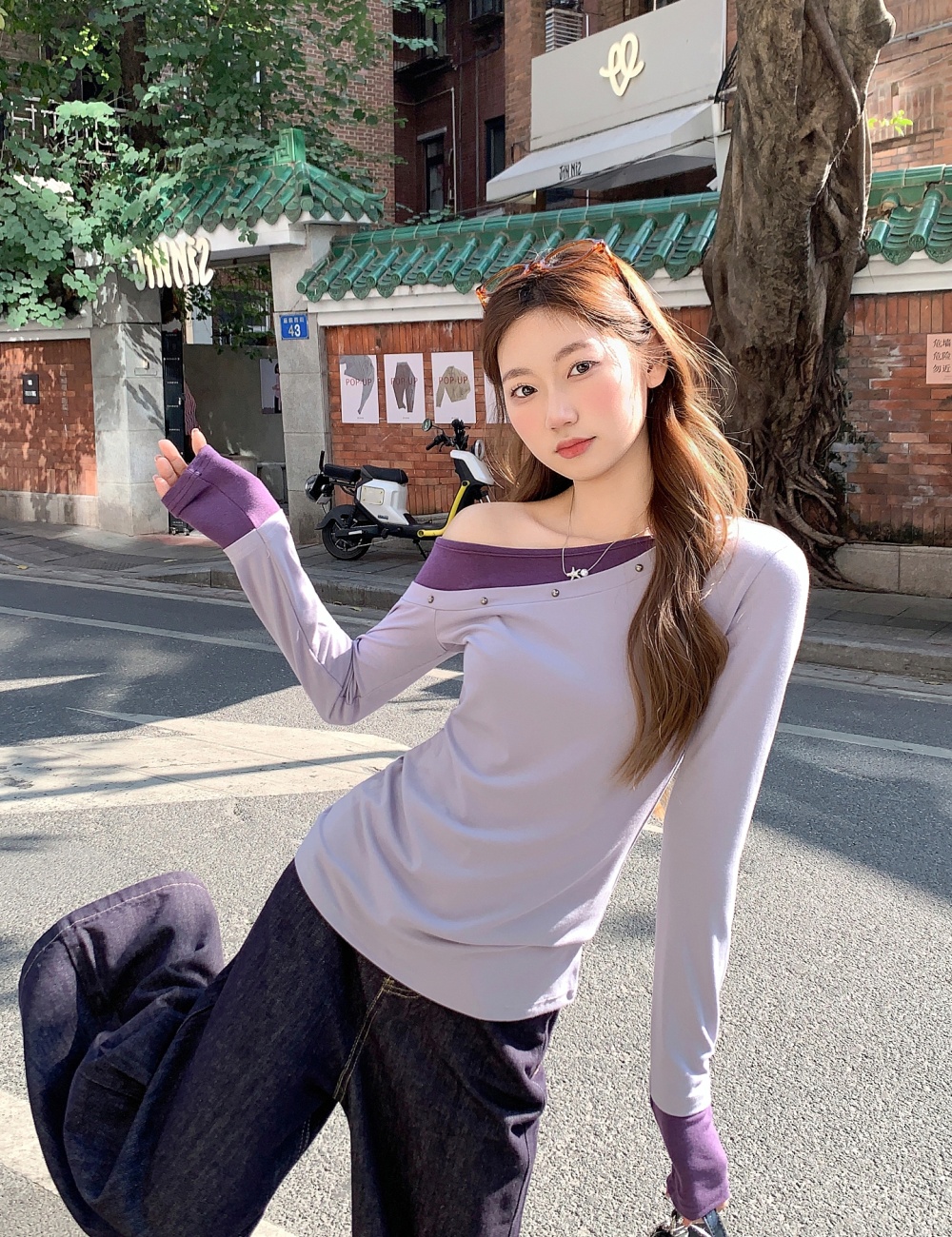 Long sleeve American style T-shirt Pseudo-two tops