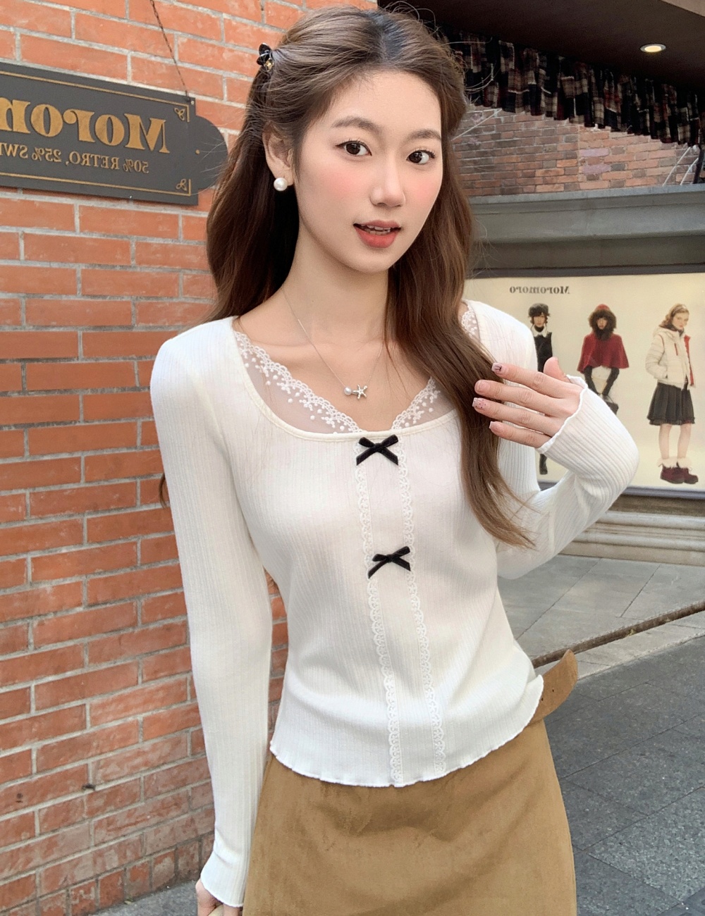 Splice square collar T-shirt slim bottoming tops