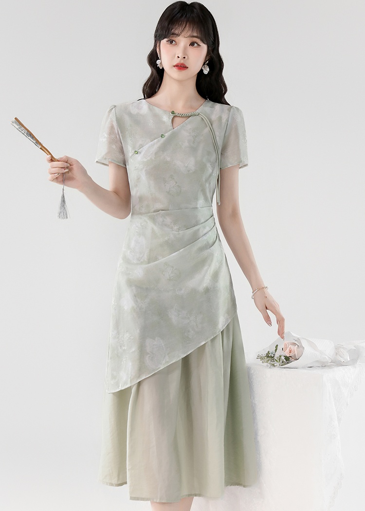 Green temperament dress Pseudo-two long dress
