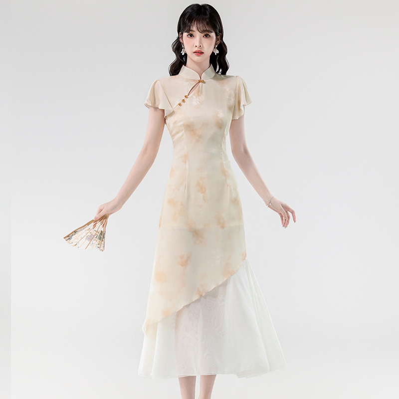 Jacquard slim plain jane cheongsam grace Chinese style dress