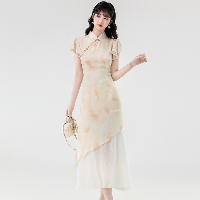 Jacquard slim plain jane cheongsam grace Chinese style dress