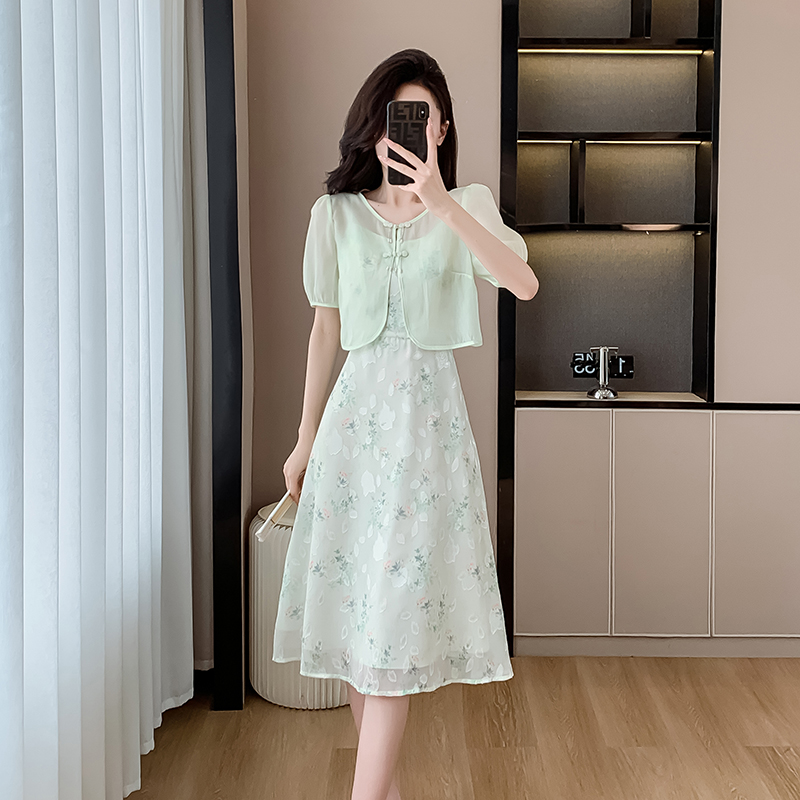 Floral sling maiden Chinese style fashion dress 2pcs set