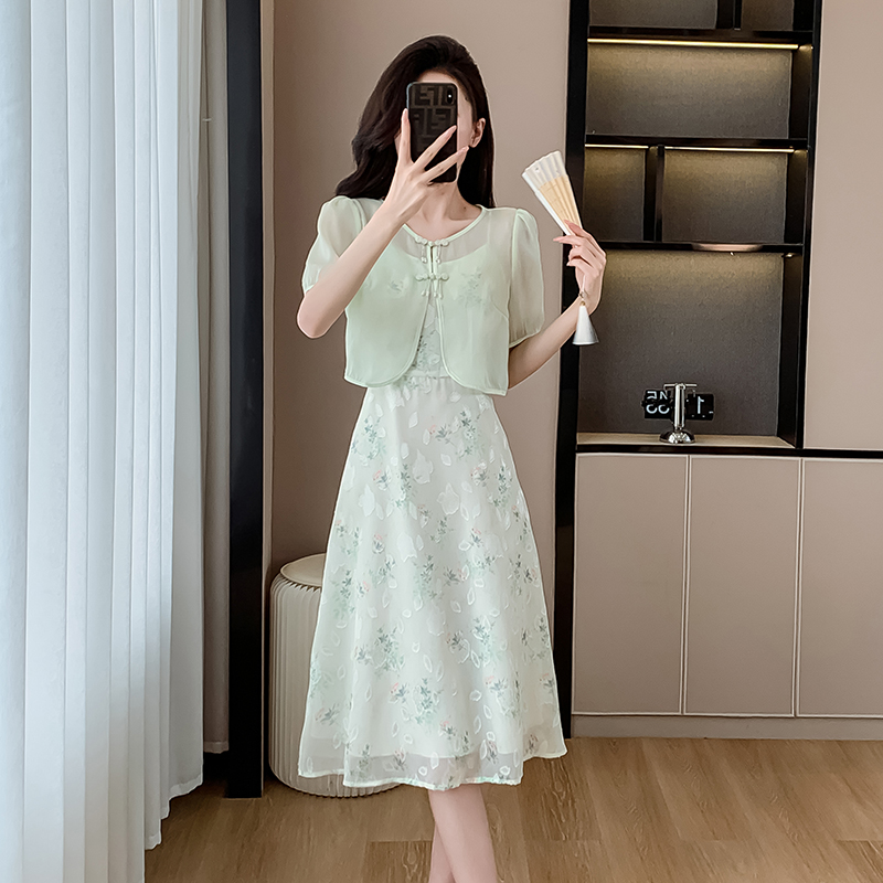 Floral sling maiden Chinese style fashion dress 2pcs set