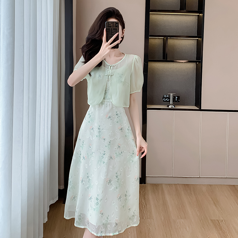 Floral sling maiden Chinese style fashion dress 2pcs set