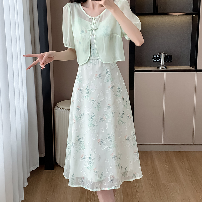Floral sling maiden Chinese style fashion dress 2pcs set