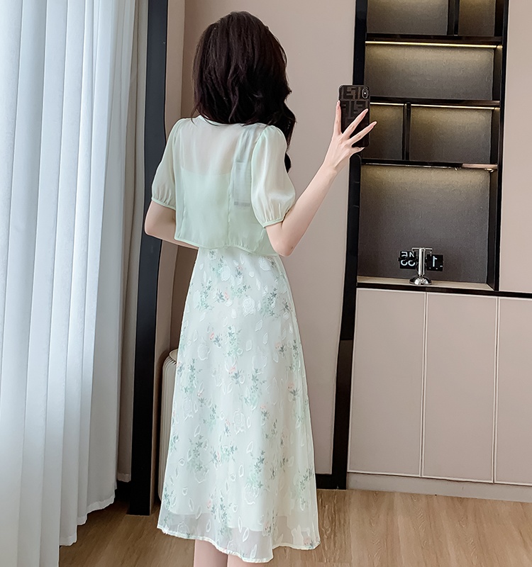 Floral sling maiden Chinese style fashion dress 2pcs set