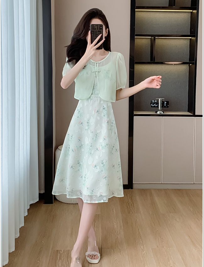 Floral sling maiden Chinese style fashion dress 2pcs set