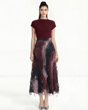 Tassels wine-red retro T-shirt gradient blooming skirt a set