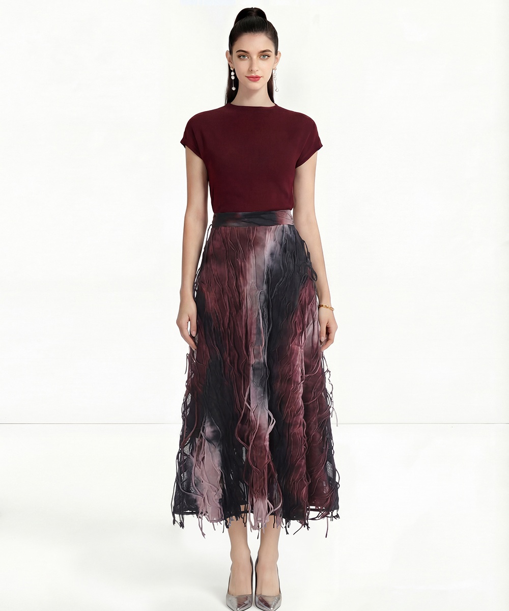 Tassels wine-red retro T-shirt gradient blooming skirt a set